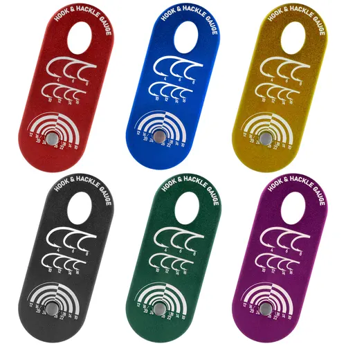 Gancho para atar moscas y calibre Hackle, herramienta para hacer moscas, gancho de pluma, regla de medición, calibre de tamaño de gancho de aluminio anodizado, 6 colores