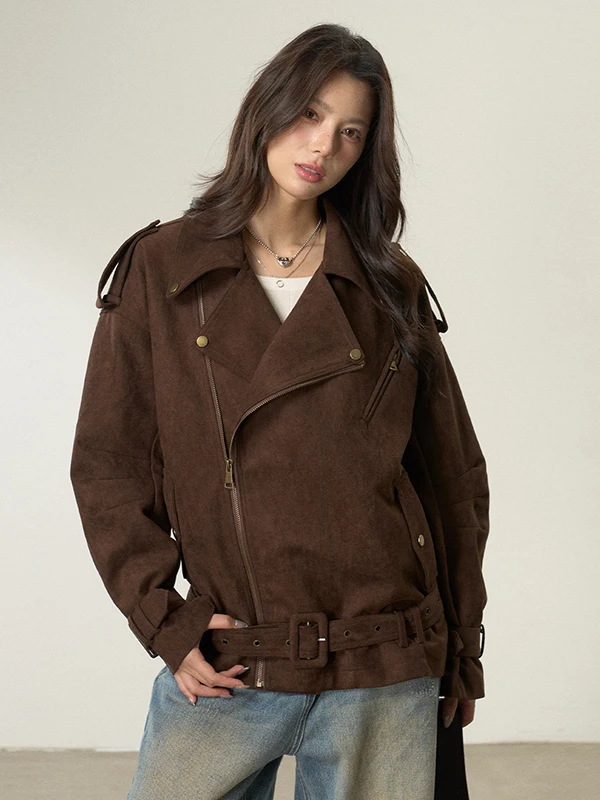 Faux Suede Short Biker Jacket Women's Autumn Winter Fleece Lined Coffee Color Leather Coat Vintage Style Long Sleeve Zipper