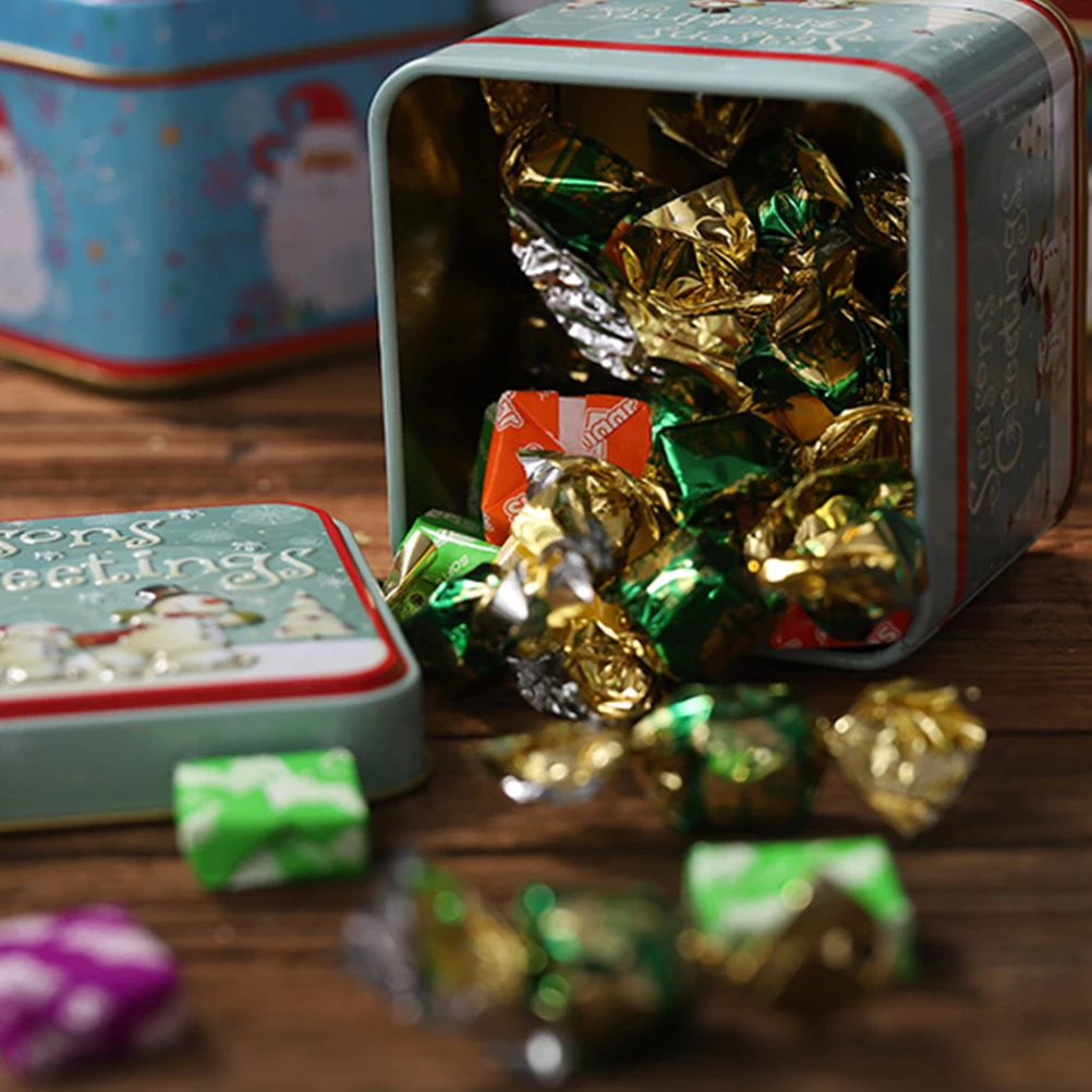 

Christmas Square Candy Box Tinplate Gift Container for Candies Tea Leaves Snowman Pattern Holiday Party Supplies