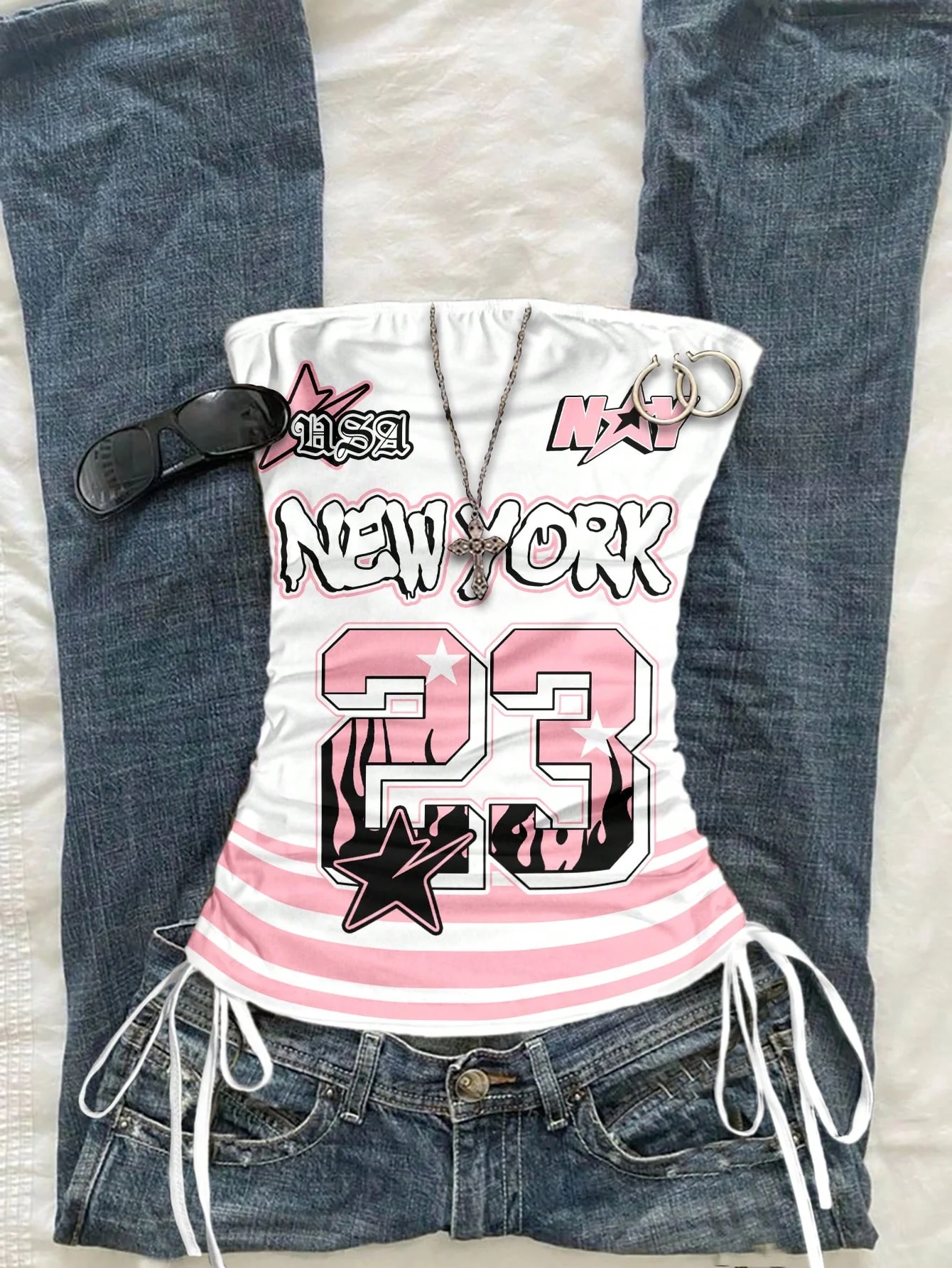 Damska bluzka casualowa ze sznurkiem, nadruk z literą New York i numerem 23, wiązana, obcisła, w stylu streetwear Y2K, idealna na wiosnę i powrót do szkoły.