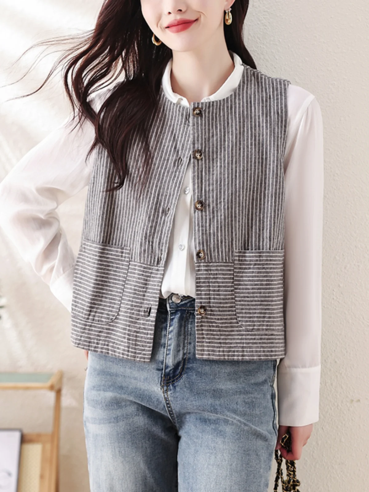 

Льняной жилет свободного кроя в полоску в стиле ретро, универсальный модный модный топ на бретелях, круглый, хлопковая застежка на одной пуговице 00%