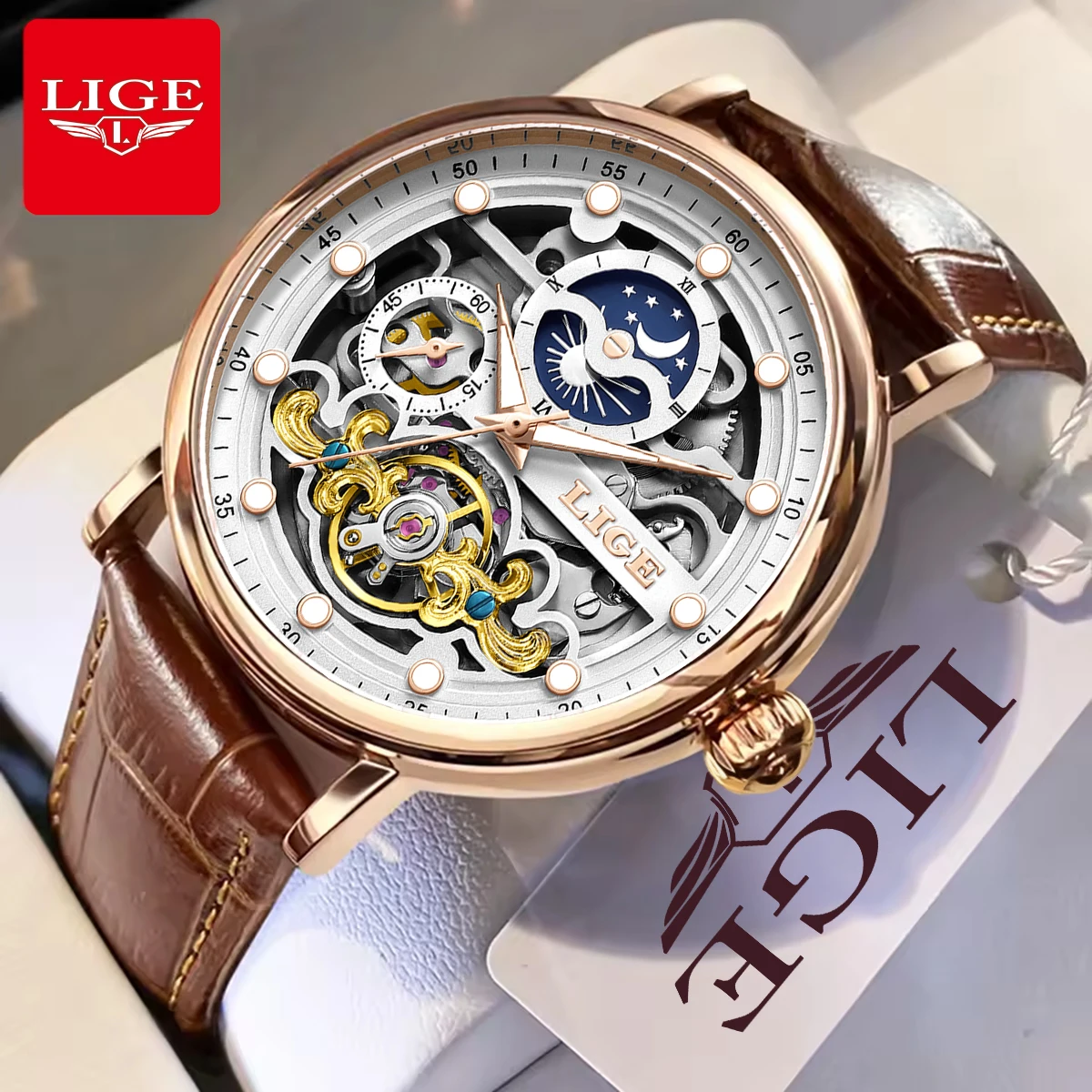 

New LIGE Skeleton Mechanical Automatic Watch Men Tourbillon Sport Clock Watches Casual Business Moon Wrist Watch Relojes Hombre