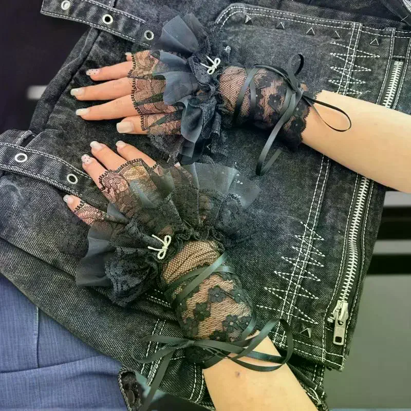 

Свитер для девочек, украшенный искусственными рукавами, вязаные крючком, цветочные кружевные манжеты с рогами, эластичные воланы с вышивкой