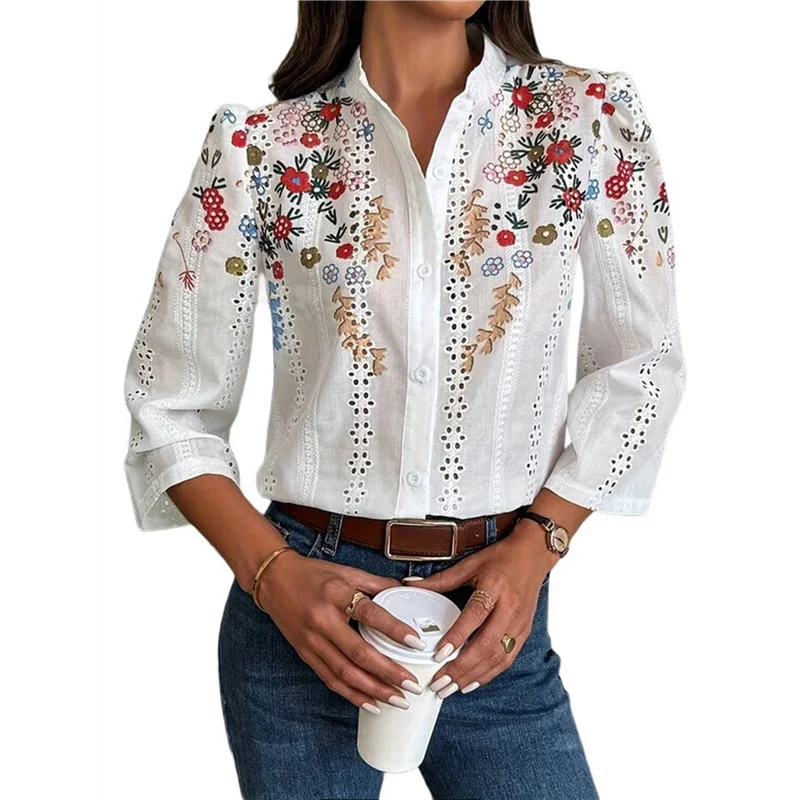 

ASDS-Women's Floral Eyelet Embroidery Band Collared 3/4 Puff Sleeve Blouses Button Down Casual Shirts