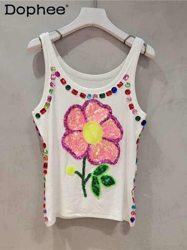 

European Goods Heavy Industry Diamond-encrusted 3d Cute Flower Vest Women 2024 Summer New Sleeveless Outer Wear Personalized Top