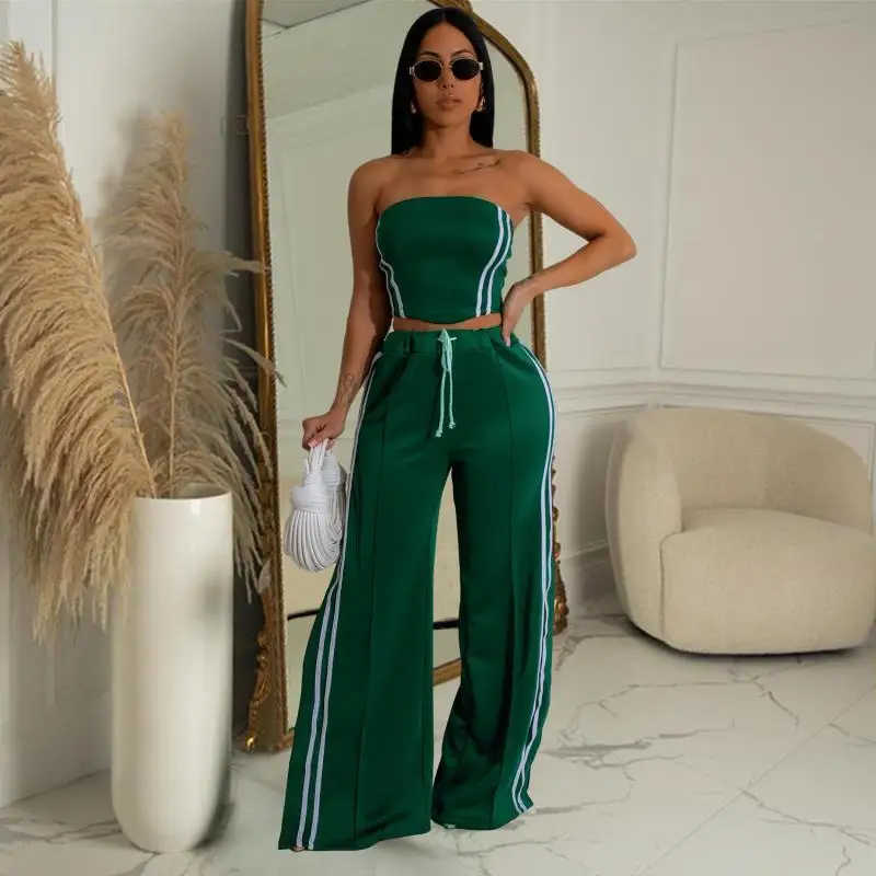 

2026 Sexy Backless Women's Holiday Tube Top Trousers Suit Summer Fashion Tube Top Waist Drawstring Tie Loose Wide Leg Female Set