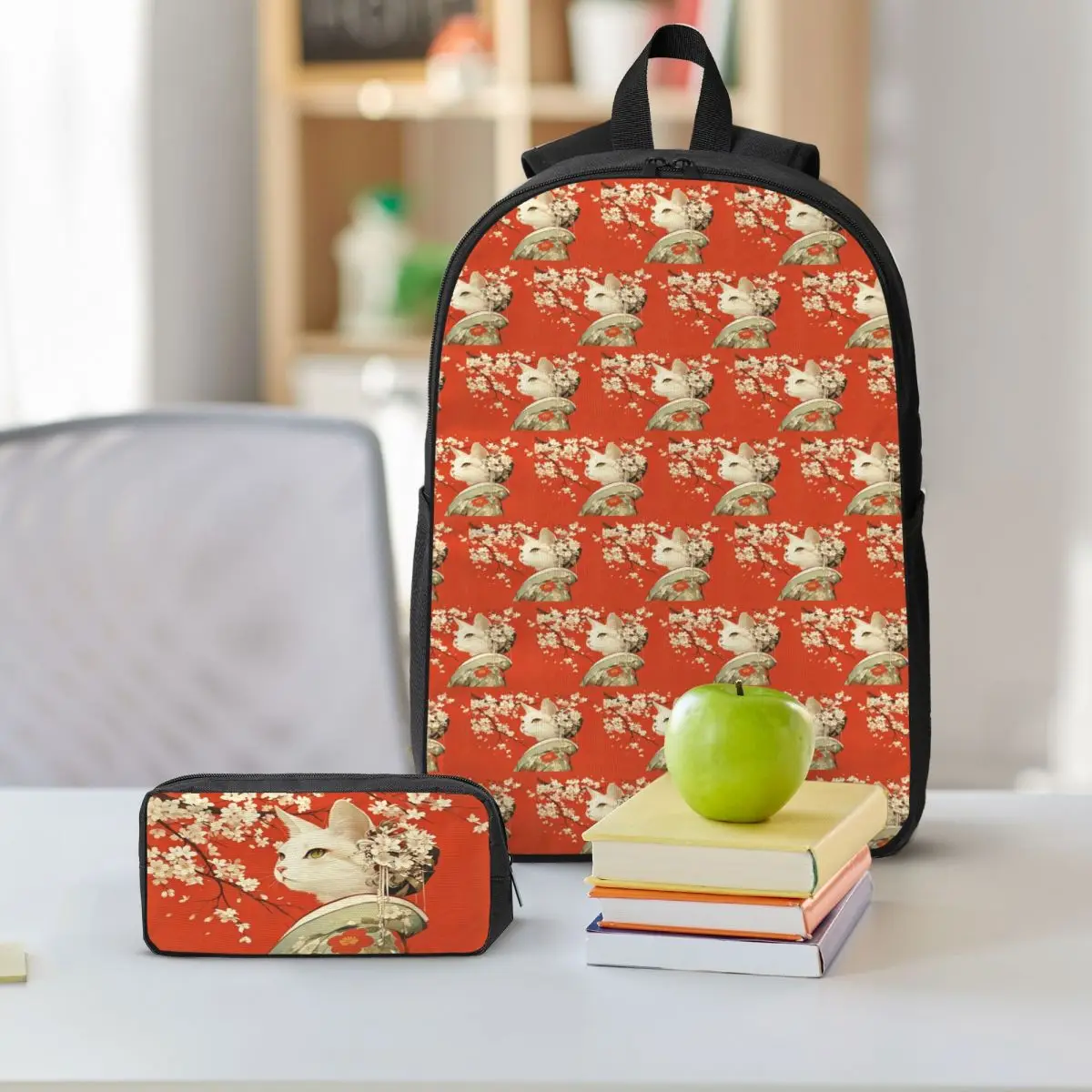 Japanese Ukiyo-E Style Cat And Cherry Blossom Backpack BookBag School Bag Shoulder Bags 3ps Insulated Lunch Bag Pencil Case