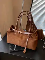 Autumn Winter Suede Handbag For Women Vintage Casual Large Capacity Commuting Tote Bag Ladies Simple Brown One Shoulder Bags