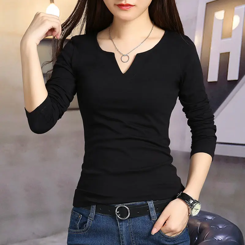 

Korean Clothing Women Black Long Sleeve T-shirt Spring Autumn V-neck Solid Simple Versatile Slim Casual Bottoming Tops JJ314