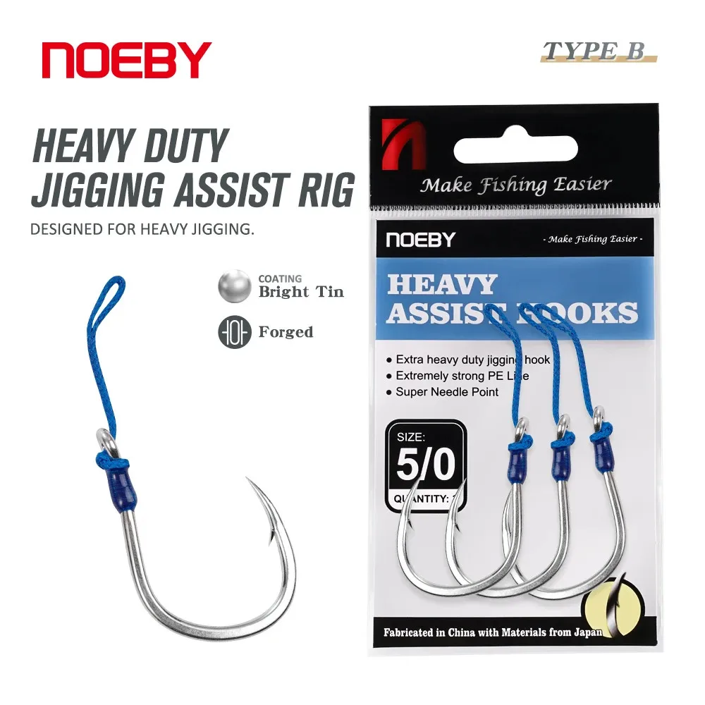 Noeby 4/0 5/0 6/0 7/0 Max Strength 149kg 3Pcs Fishing Hook Jigging Assist Rig Hooks Bright Tin Thick Shaft Hook Metal Ocean Hook