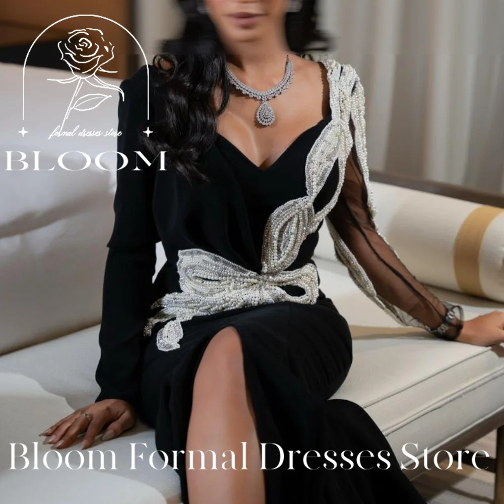 Bloom Customized Long Sleeves Contrast Color  Mermaid Sweep Train Side Silt Sequined V Neck Zipper Back Classic Celebrity Dress image 2