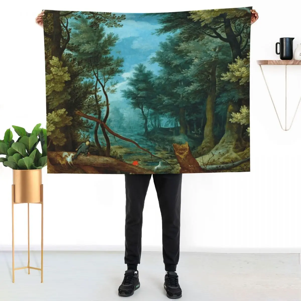 Jan Brueghel the Elder A forest landscape with hunters giving chase to a stag Throw Blanket