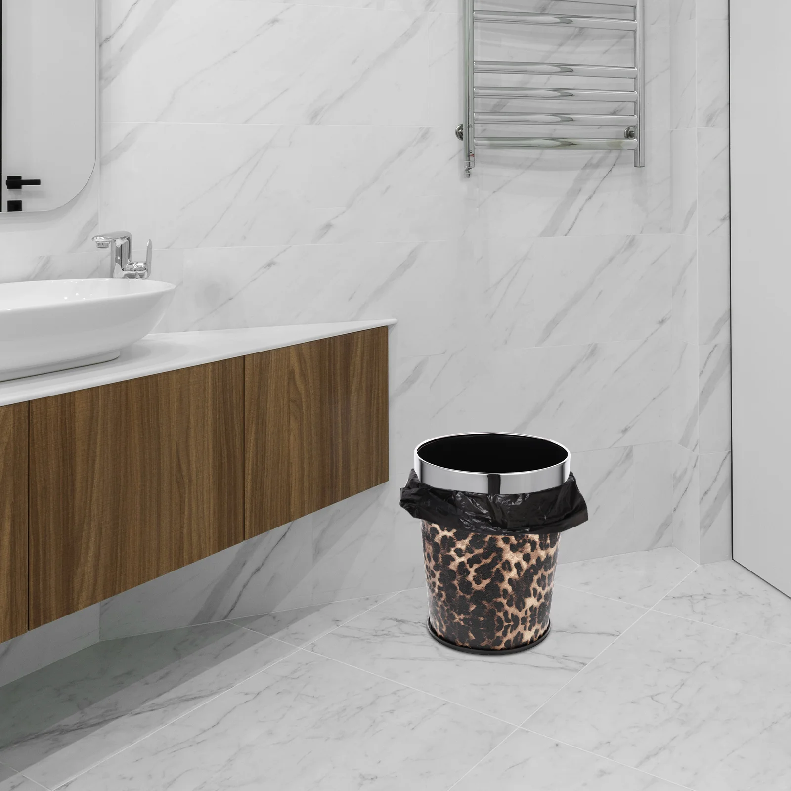 Bathroom Trash Can Garbage Leopard Print Home Bucket Stainless Steel Pp Decorative Container