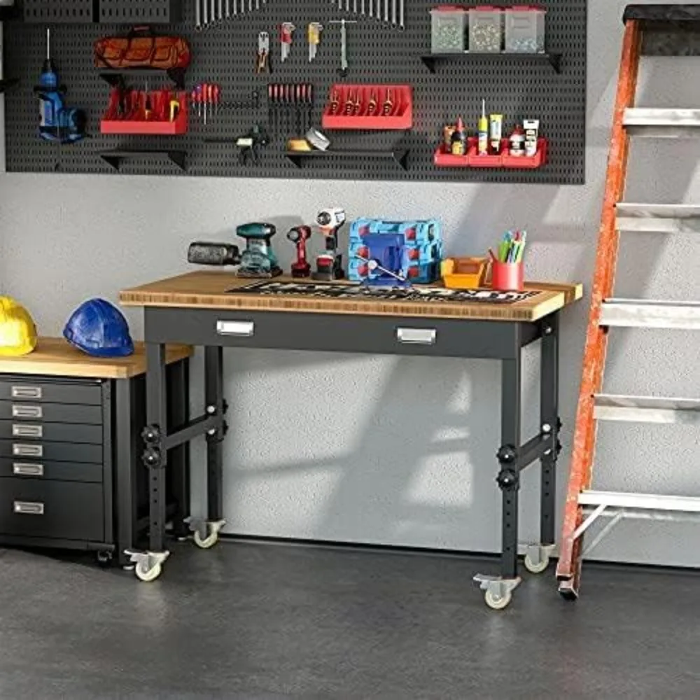 

59" Work Bench with Drawer, Height Adjustable Legs, Bamboo Tabletop Workstation Tool Table on Wheels for Garage