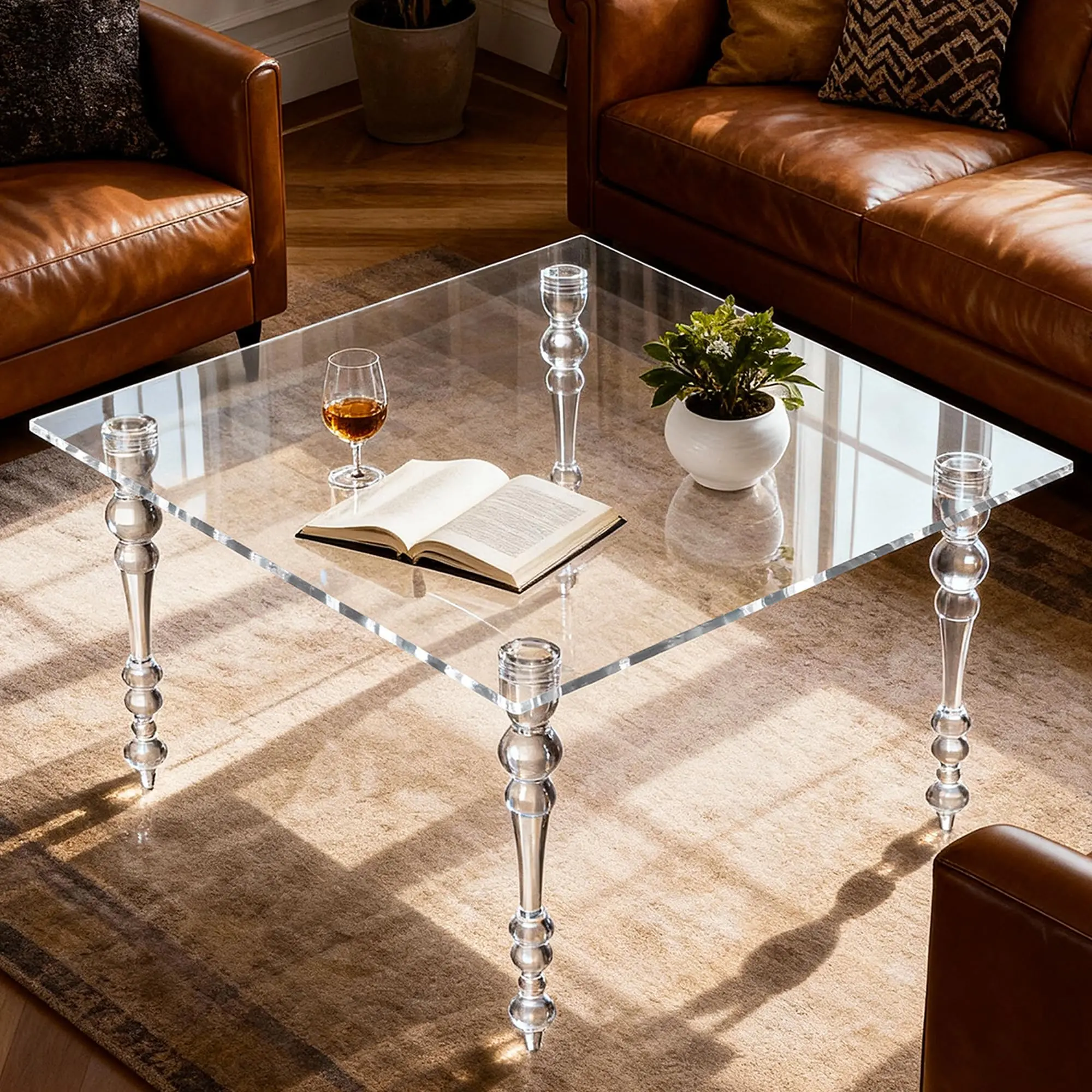 Clear Acrylic Square Coffee Table Mid-Century Modern Living Room Furniture 31.5x31.5x16.9 Inch