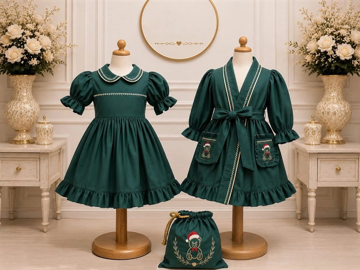 Summer Baby Girl Santa Claus Bear Embroidered Beige Green Dress Robe Bow For Casual Party Birthday Wedding Photography