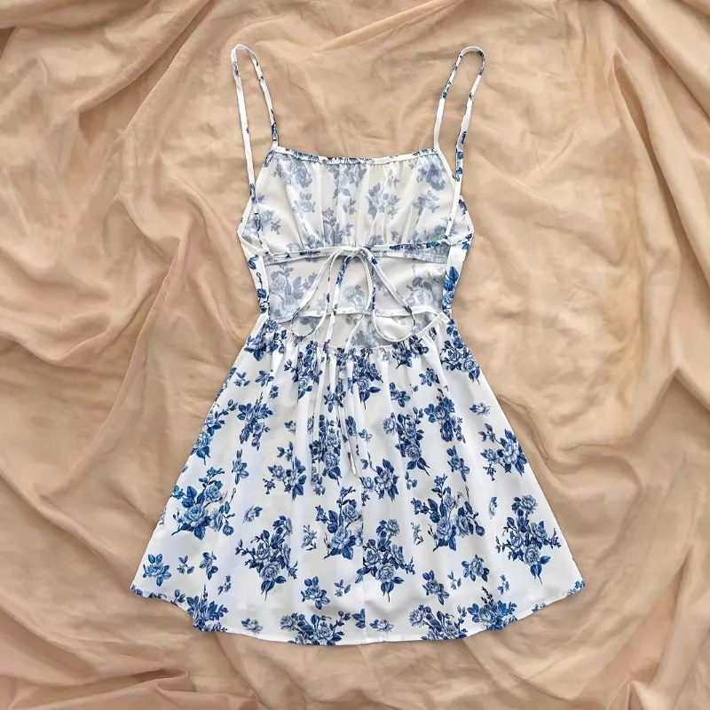 Elegant Floral Print Women's Summer Mini Dress Sexy Bohemian Backless Strap Sundress Casual Sleeveless Holiday Short Dresses