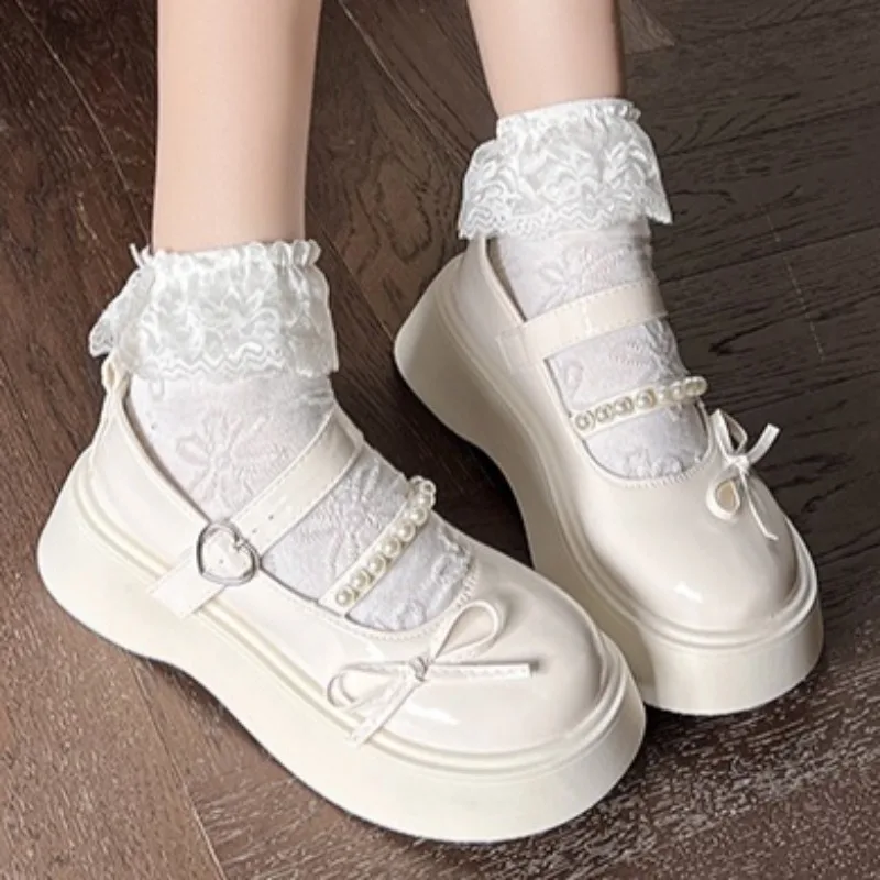 French Round Toe Thick Heel Single Strap Mary Jane Shoes for Women 2025 New Versatile Bow Patent Leather High Heels 35--40 Size