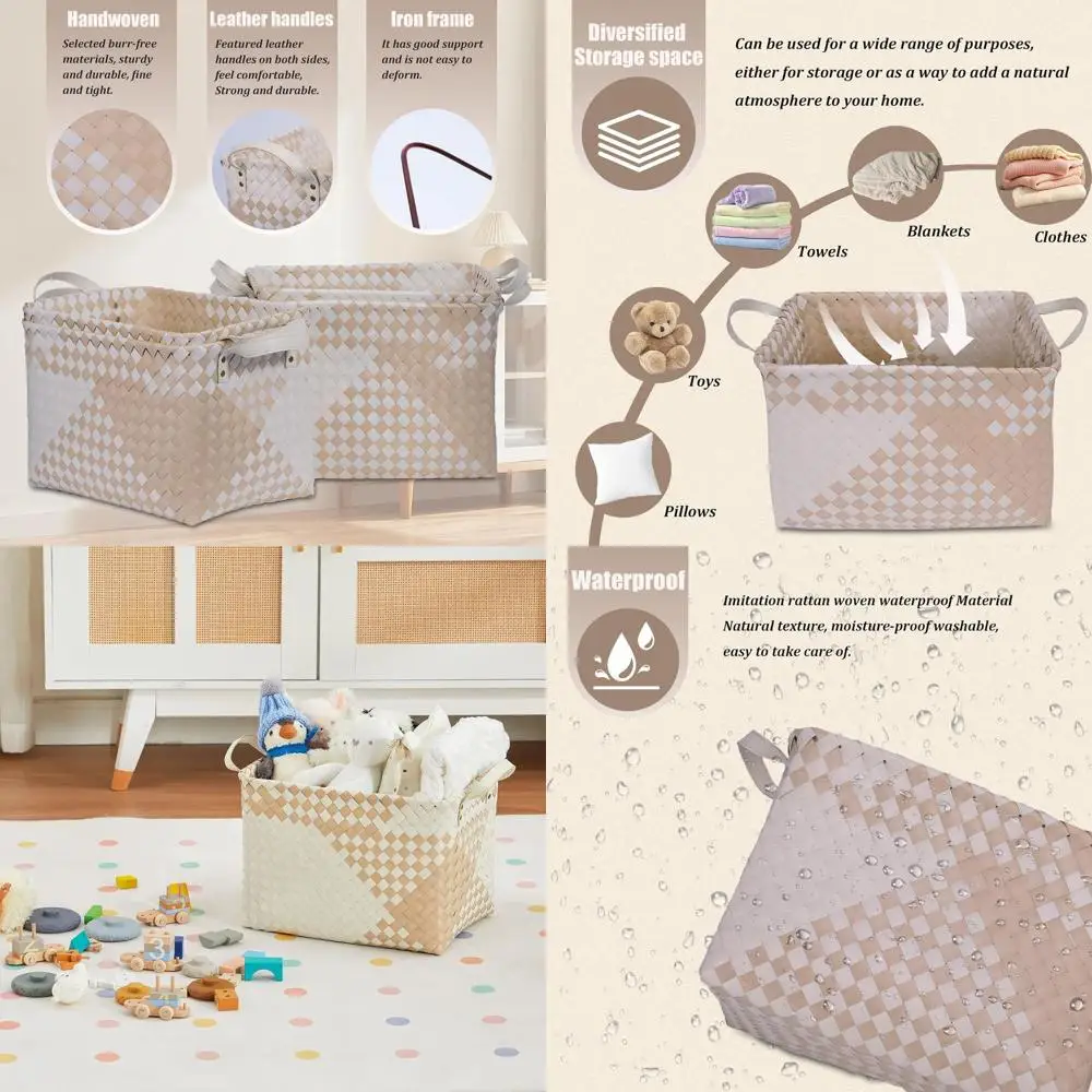 

Large Handwoven Wicker Storage Baskets, 4-Pack Khaki & Ivory for Home Organization