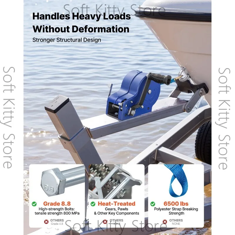 3500 lbs Hand Boat Winch Manual Rope Crank with 20ft Polyester Strap Portable Two-Way Ratchet for Trailer ATV Towing