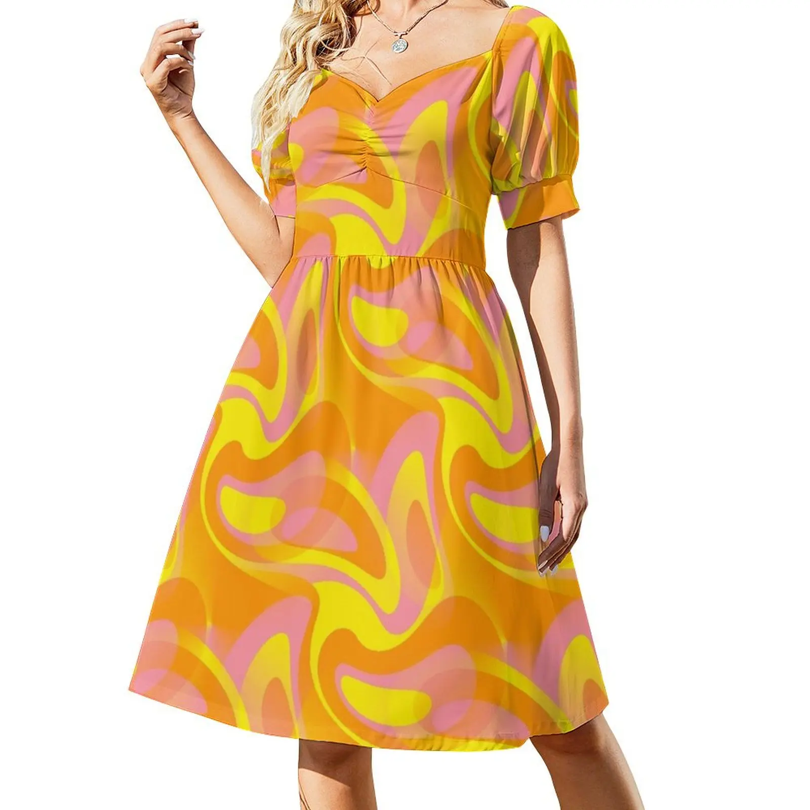 

Feeling Groovy - 60's Mod Abstract in Orange, Pink and Yellow Short Sleeved Dress Clothing long dress women Dress