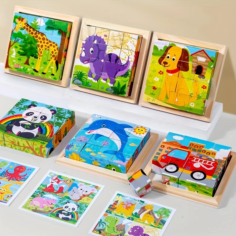 Baby Wooden Blocks Toys Baby Cartoon Animal Tangram Children Six Side Cube Jigsaw Puzzles Game Kindergarten Educational Toy