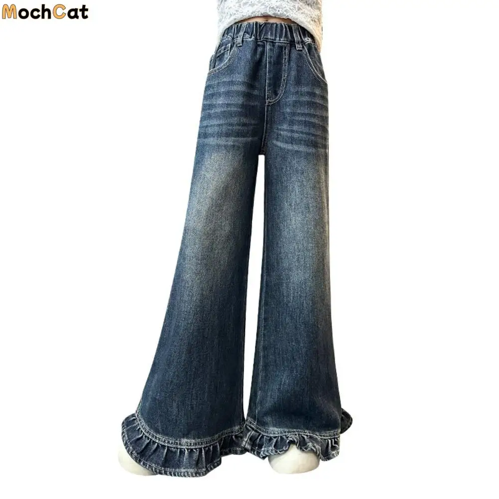 

Широкие брюки, джинсы для девочек-подростков, длинные свободные детские джинсы с высокой талией, прямые ковбойские джинсовые брюки для девочек, весна-осень