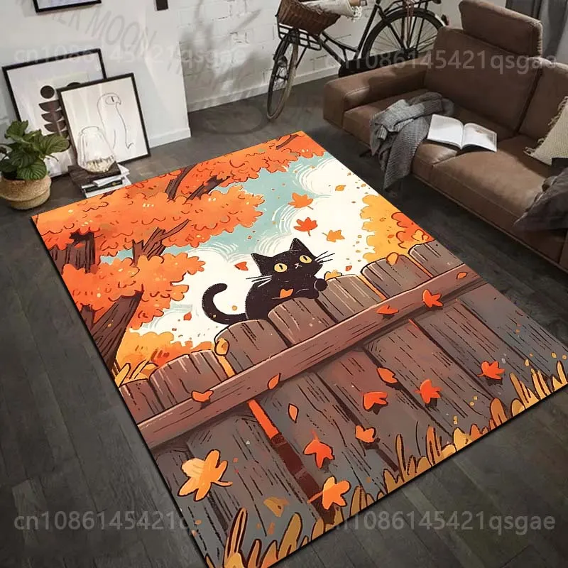 Multiple sizes Black cat autumn leaves fence Carpet for Living Room Bedroom Sofa Home Decor Rus Non-slip Floor Mat Luxury Gift