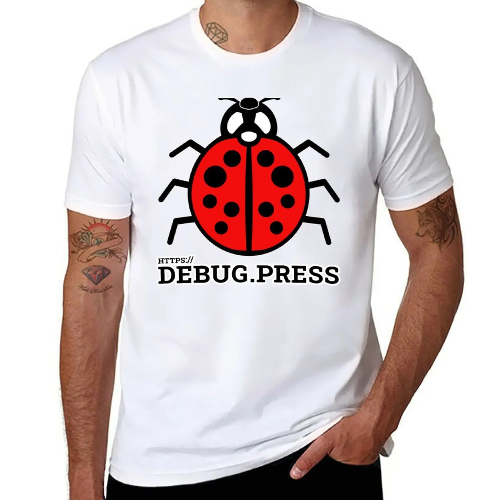 New DebugPress: Black and Red Ladybug Sign with Title T-Shirt summer tops oversized t shirts tops Men's t-shirt