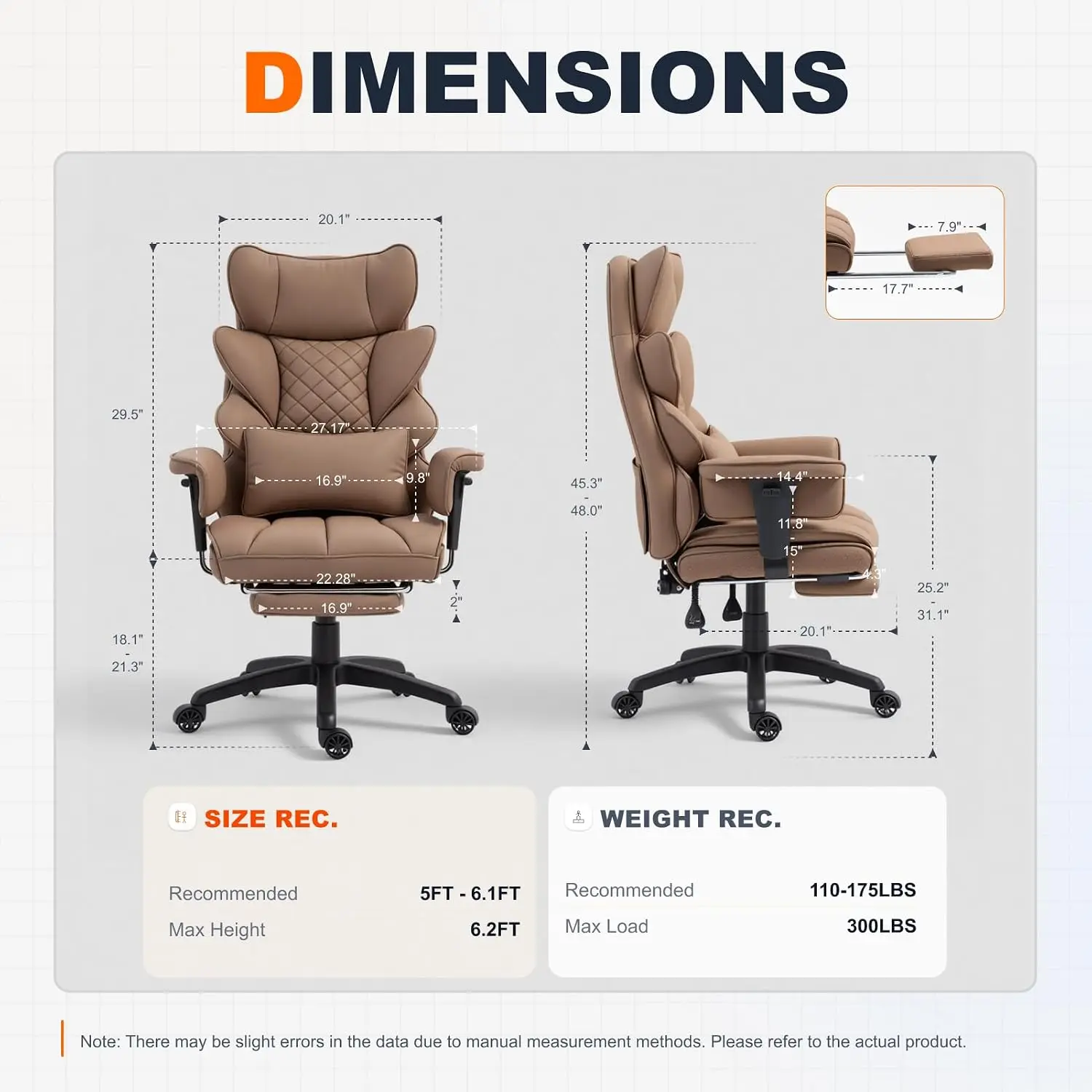 Big & Tall Office Chair Pocket Spring High Back Gaming Adjustable Armrests Lumbar Support Footrest PU Brown, Customized