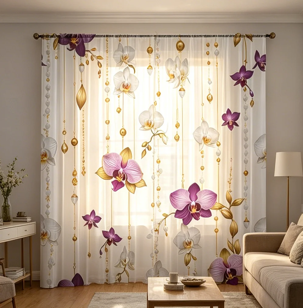 2PCS Digital Printed Sheer Curtain, Chain Orchid Flower Print, Elegant Vintage Floral Chain for Living Room Bedroom Home Decor - view 4
