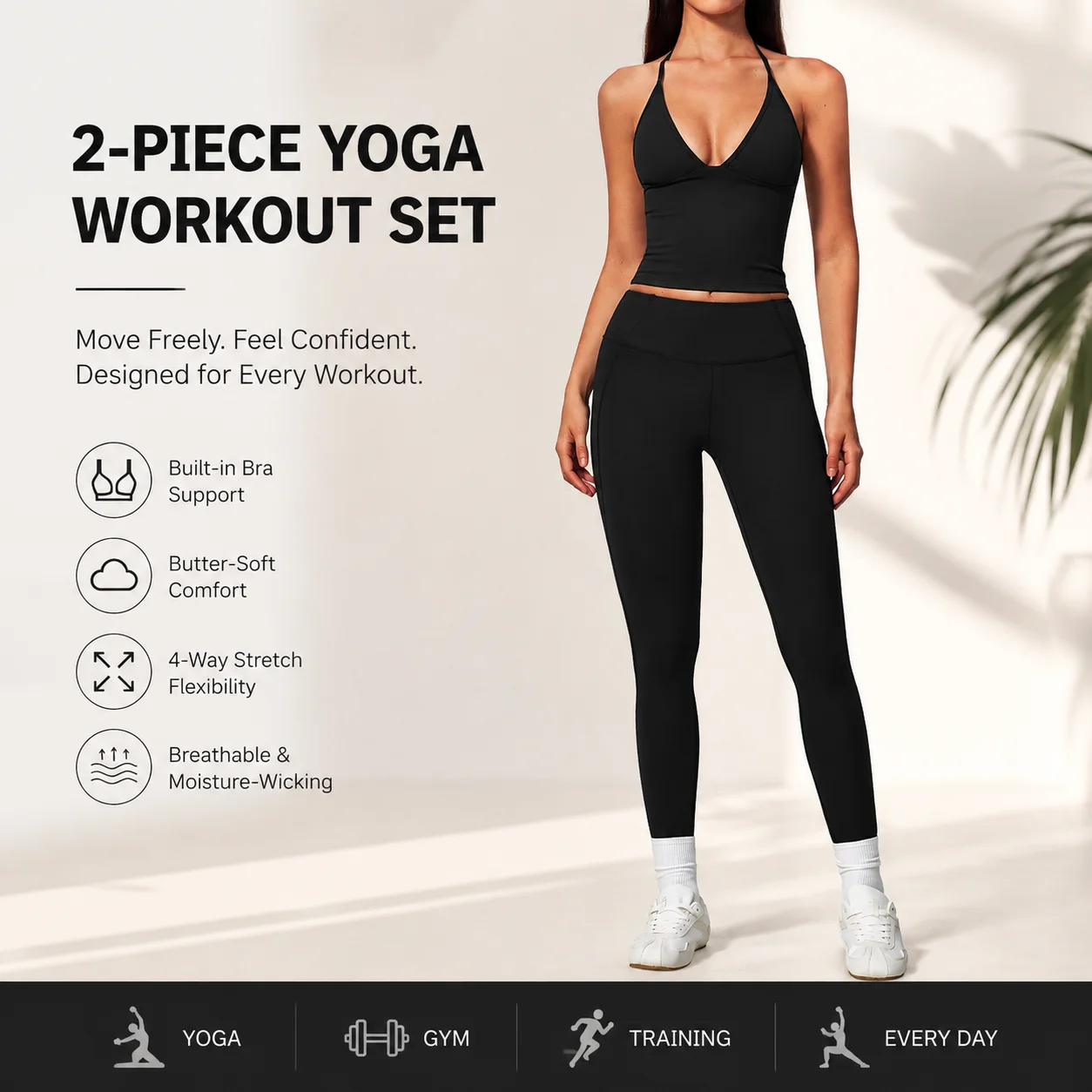 Women's Halter Deep V-Neck Longline Crop Top and High Waist Seamless Leggings Set 2-Piece Yoga Workout Outfit with Built-in Bra