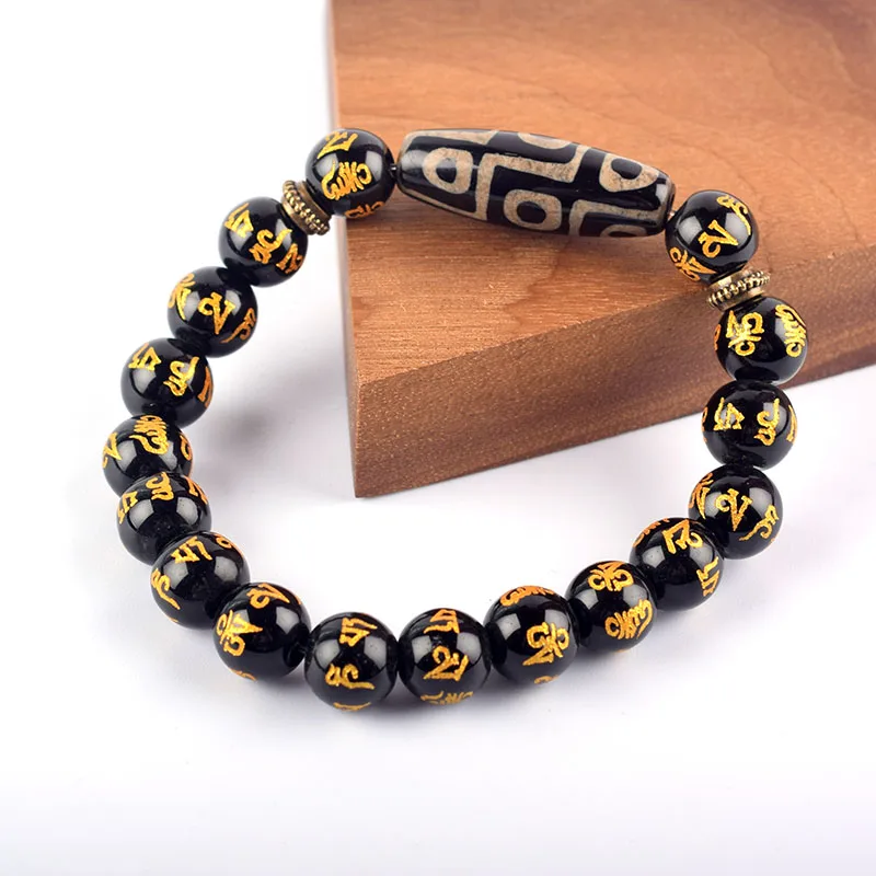 Retro Tibetan Buddha Nine-eyed Dzi Beads Charm Bracelet Homme Six Character Proverbs Rosary Prayer Feng Shui Jewelry for Women