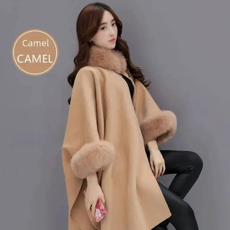 Elegant Autumn/Winter Large Rabbit Fur Collar Woolen Overcoat Medium-Length Mantle Jacket For Women