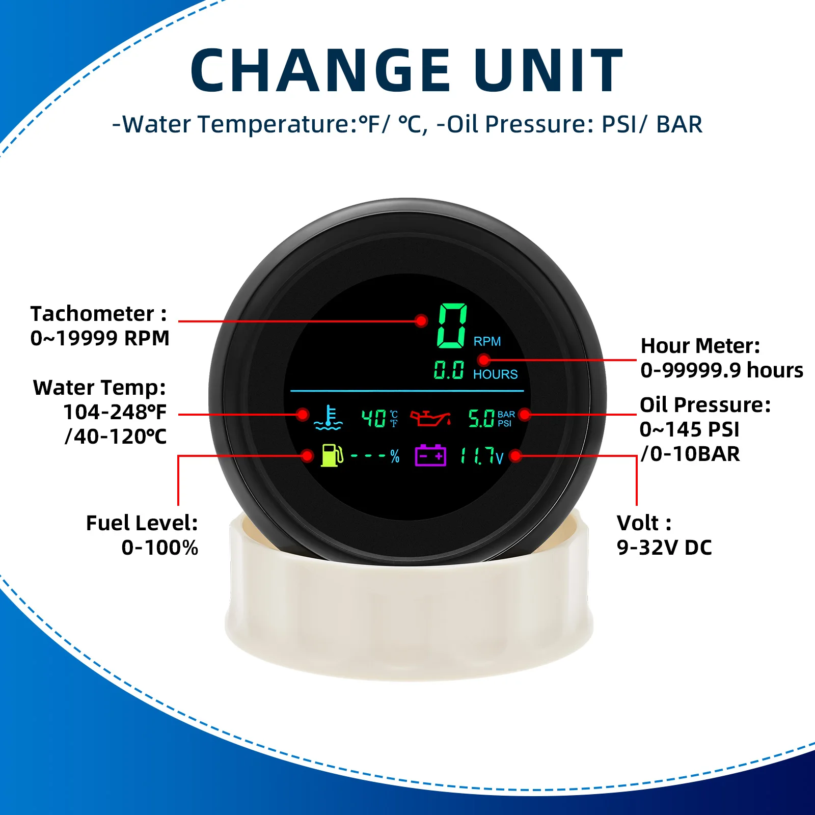 85mm 6 in 1 Tachometer Fuel Level Water Temperature Oil Pressure Voltmeter Hour Meter LCD Gauge For Boat Car 12V Customized
