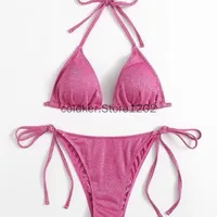 Conjunto de Bikini rosa, azul y negro brillante, Bikinis triangulares, traje de baño Bandage para mujer, traje de baño de dos piezas, Bikini de verano, nueva ropa de playa