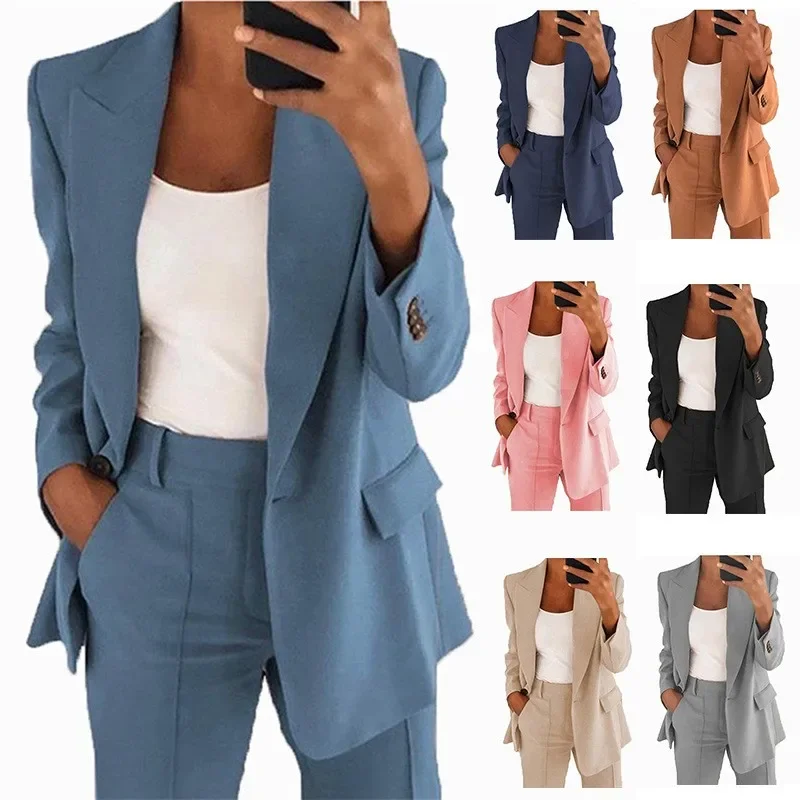 Suit Jacket Women Blazer Two Piece Set Clothse Solid Office Lady Clothing Long Sleeves Overcoat Autumn Winter Temperament Outfit