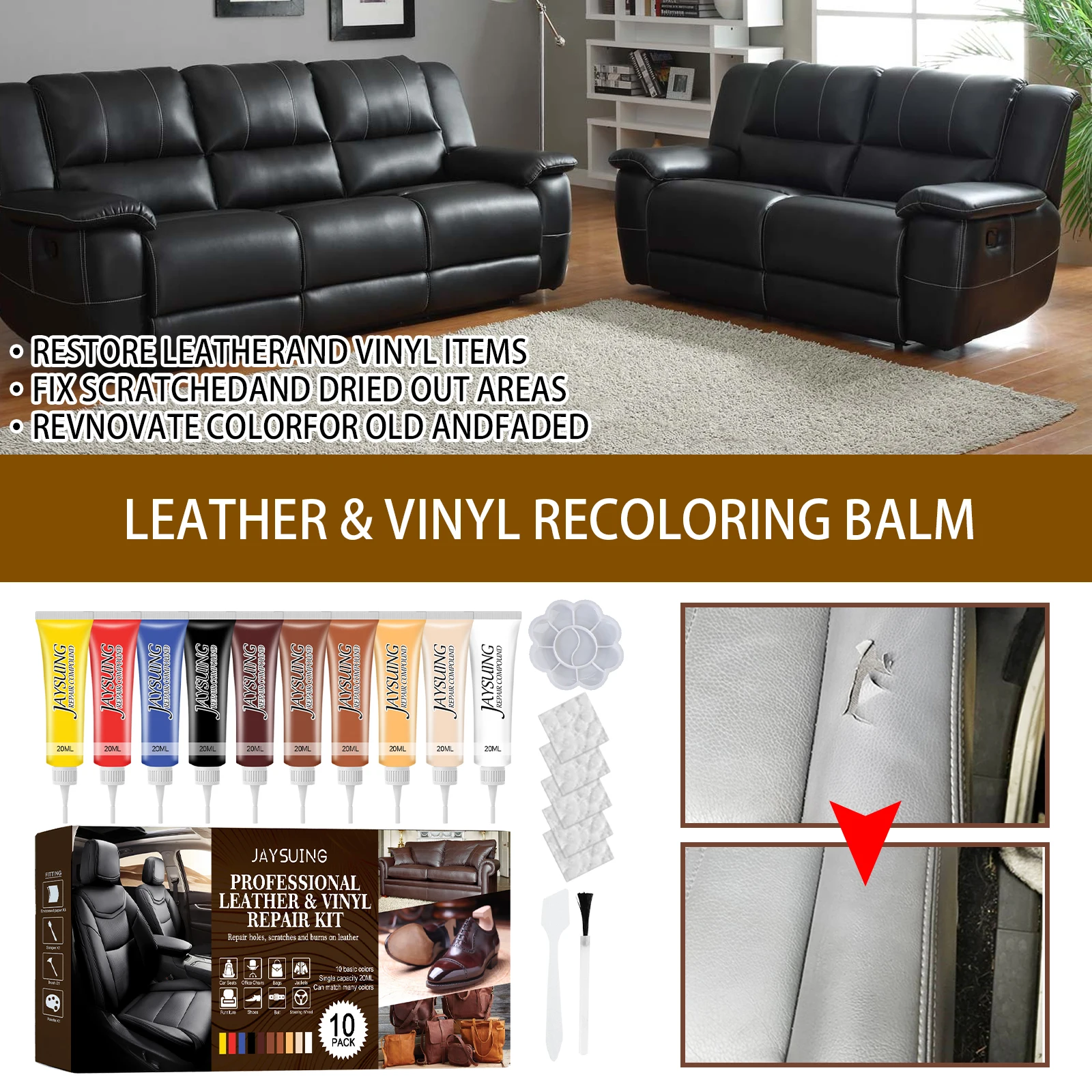 10-Farben-Set Leder-Reparatur-Gel für Auto und Sofa, Farbabstimmung und Aufarbeitung von Lederschrammen, Gel zur Wiederherstellung und Pflege von Autositzen – Detail 7