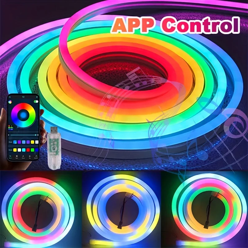 WS2812b LED Neon Light Strips RGBIC APP Color Changing Music Sync DIY Flexible Light Strips for Christmas Atmosphere Decorations