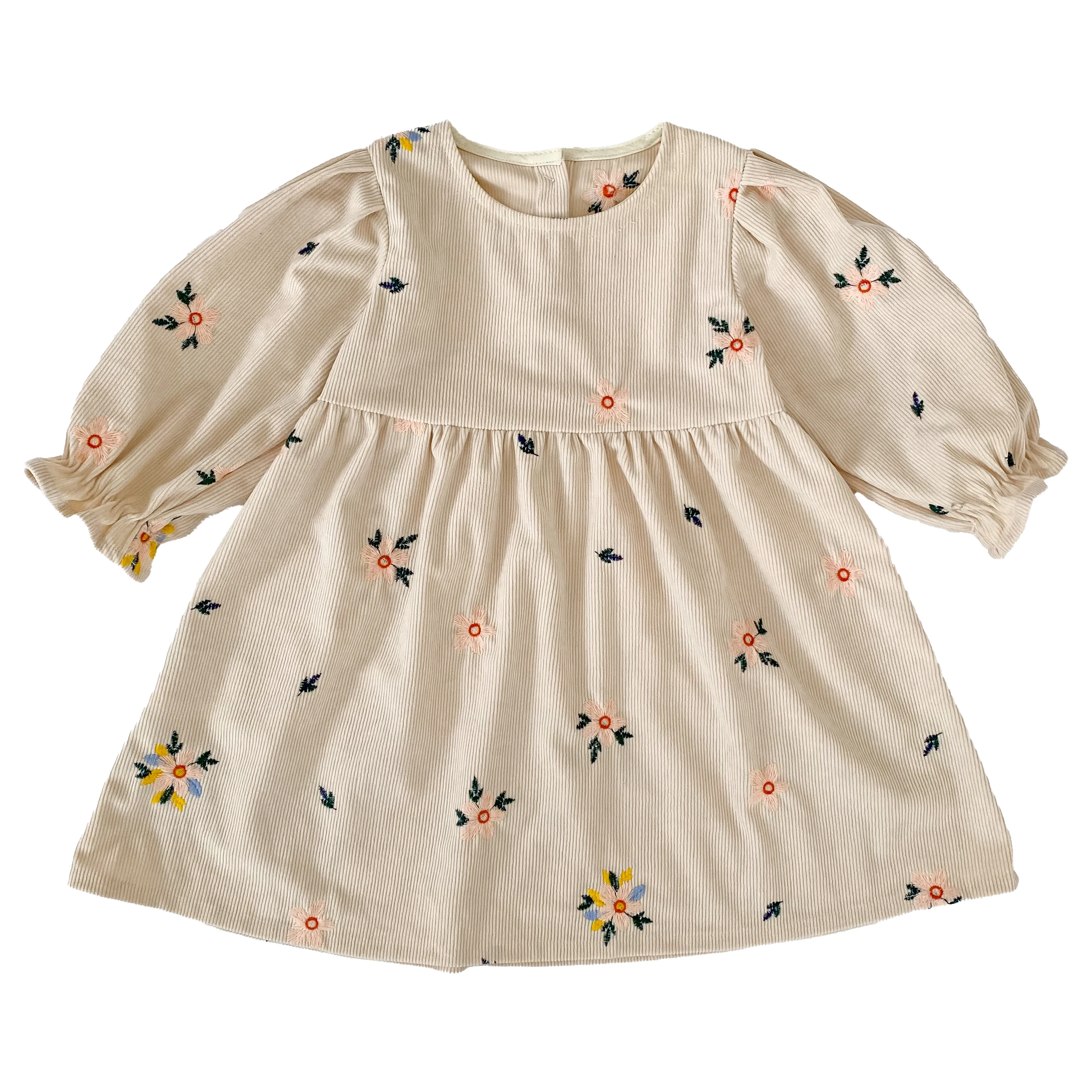 2026 Neues Herbst-Winter-Kleid für Mädchen 2-6 Jahre, Cordkleid mit Blumenstickerei, Langen Puffärmeln und Rundhalsausschnitt, A-Linien-Kleid – Detail 16