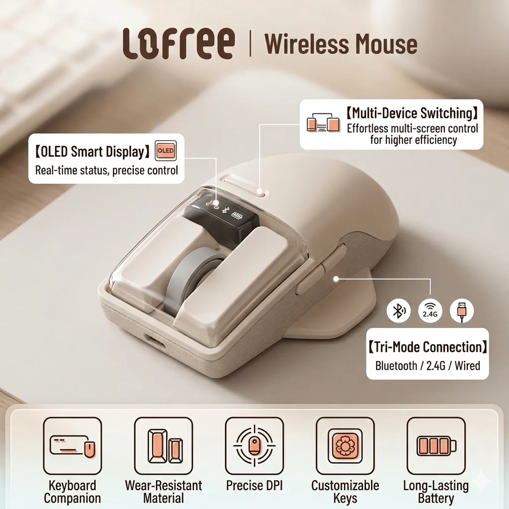 

Беспроводная мышь Lofree Touch Tri-Mode с ретро-дизайном в стиле клавиатуры, 4000 DPI, PBT-клавиши, OLED-дисплей, Bluetooth 5.0/2.4G/проводное подключение