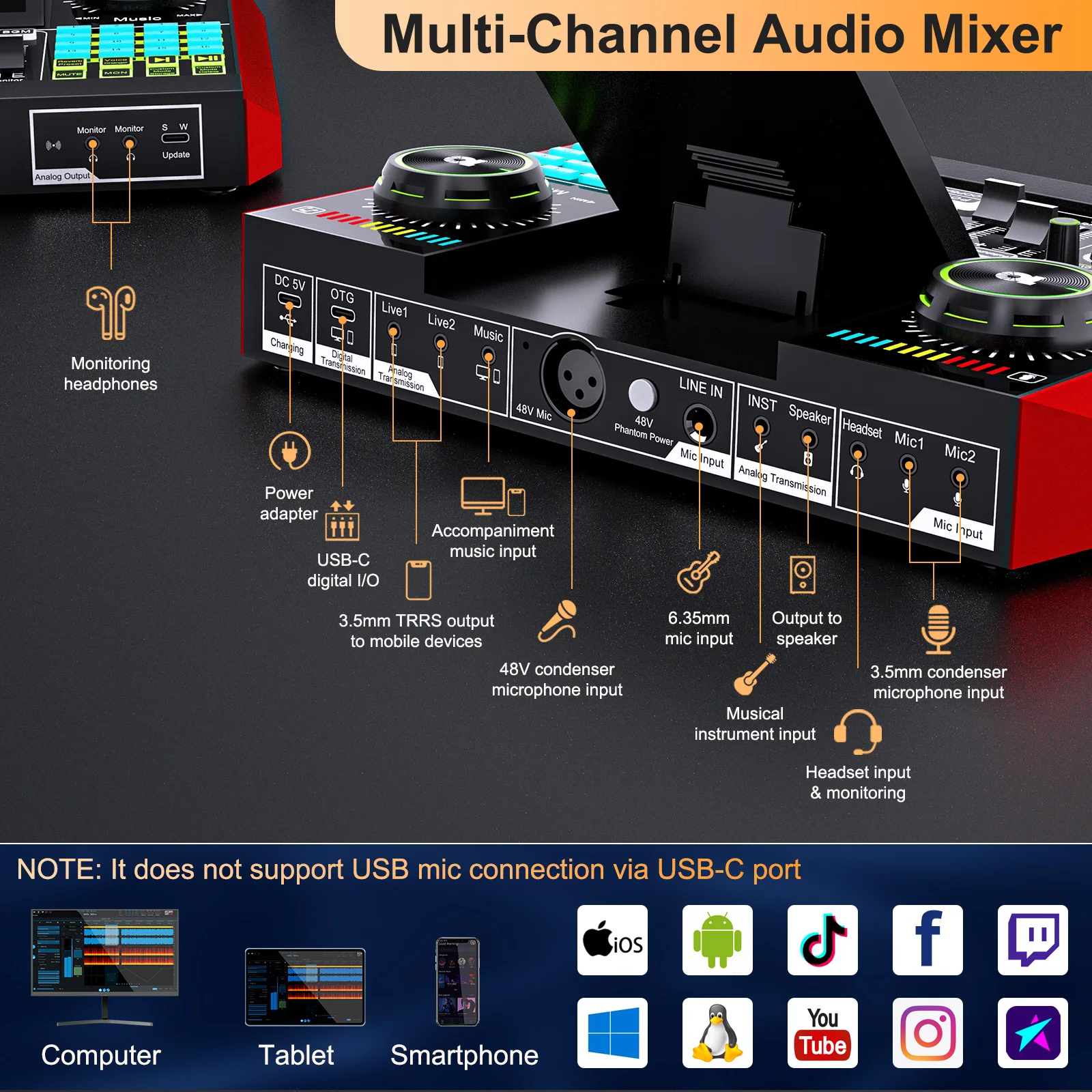 Tenlamp G10 Podcast Equipment Bundle 6 Channel with 3.5mm Microphone and Live Sound Card,RGB Streaming with XLR Gaming Audio Interface  Professional Mixer for Podcasting, Influencers, Kols, Singing, Gaming, And Djing for PC Smartphone Laptop Computer - view 7
