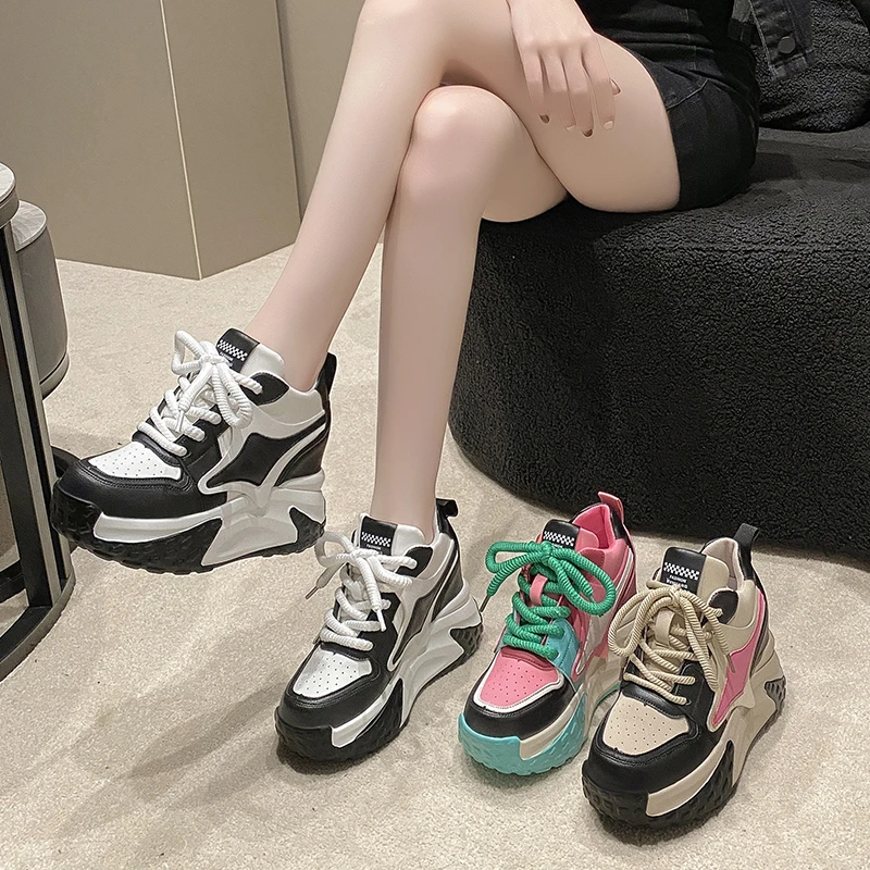 Women High Platform Sneakers 2023 New Autumn Breathable Chunky Dad Casual Shoes 10CM Thick Sole Trainers Leather Sneakers Woman