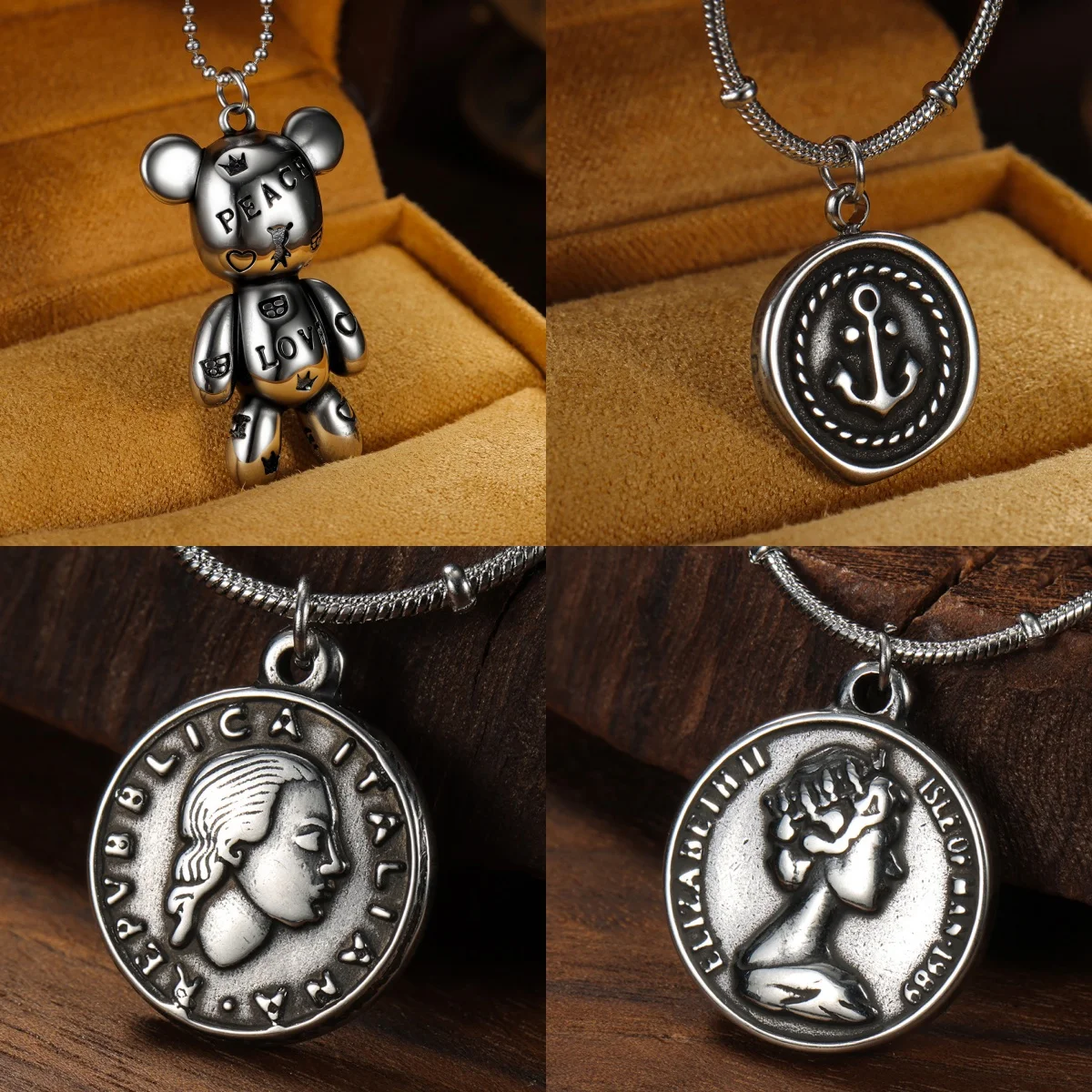 Bear Doll Anchor Necklace Women's Girl Necklace Italian Repvbblica Elizabeth Queen's Portrait Fashion Stainless Steel Jewelry