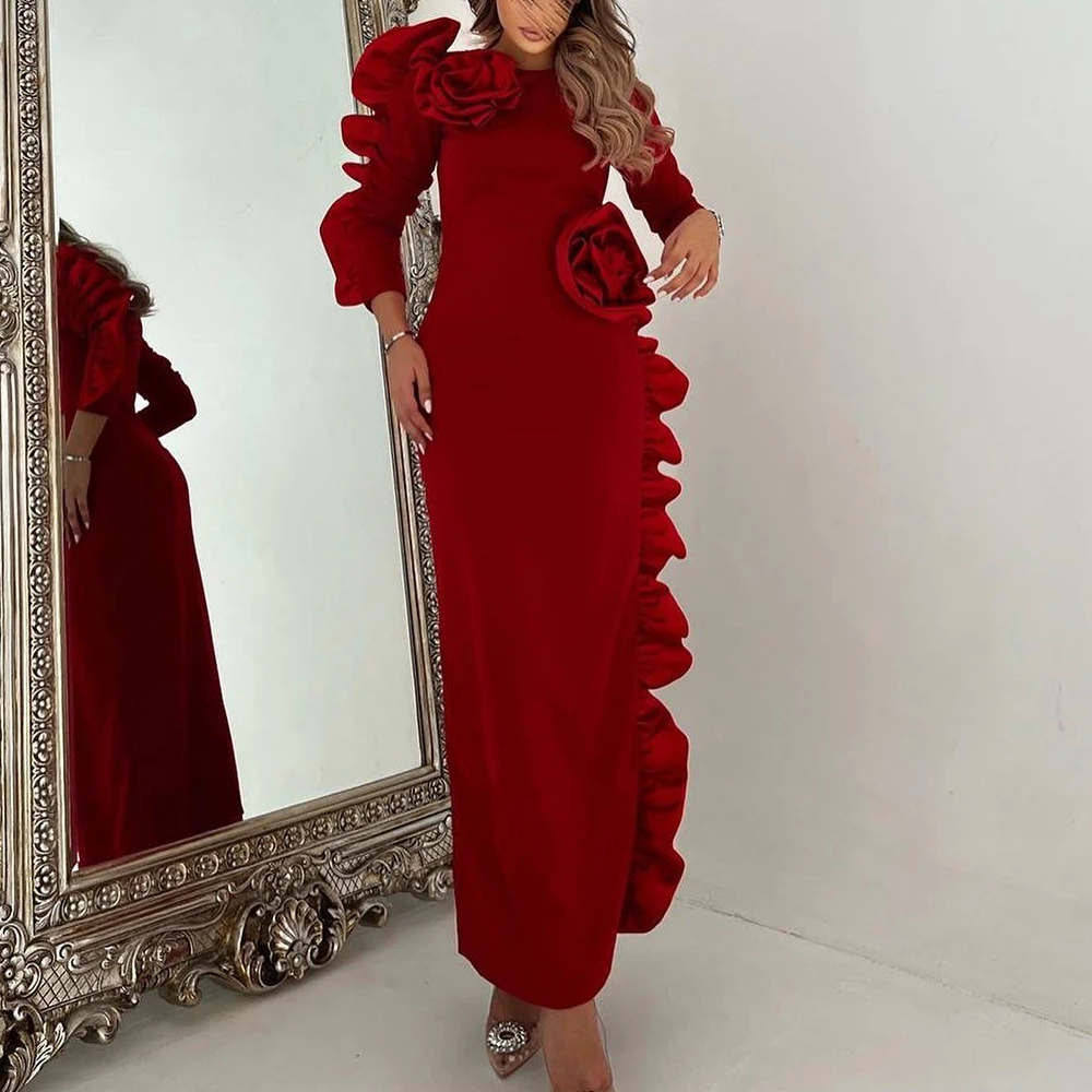 

Dubai Evening Caftan Dress 3D-Flowers Solid Color Ankle Length Empire Ruffles Long Sleeve High-Low " Elegant Party Dresses