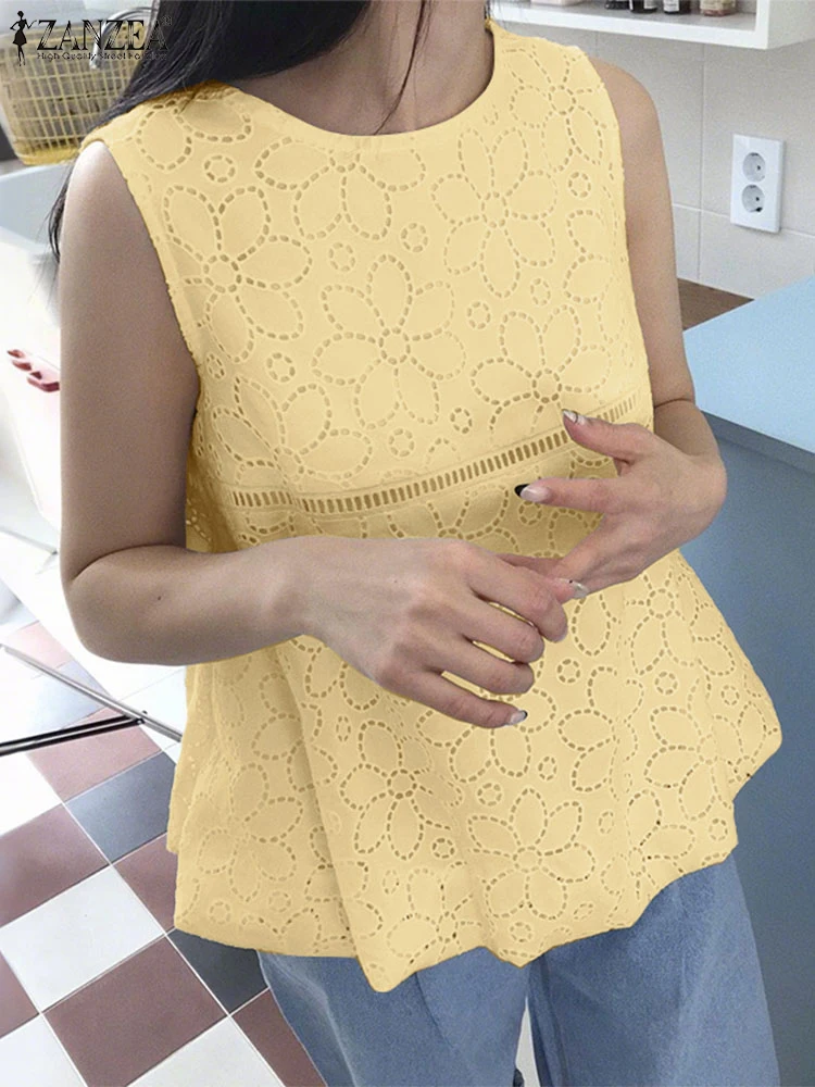 

ZANZEA Fashion Openwork Embroidery Women Tank Tops 2025 Summer Casual O-Neck Lace Patchwork Sleeveless Tops Korean Style Tanks
