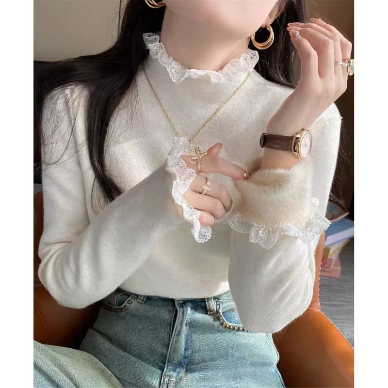 Women Fleece Lined Knit Top Autumn Winter Mock Neck Lace Trim Slim Warm Base Sweater
