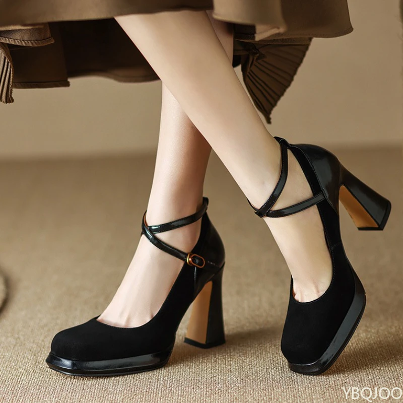 

Элегантные минималистичные туфли на высоком каблуке, новые весенне-осенние модные универсальные женские туфли в стиле ретро с перекрестными ремешками и квадратным носком с неглубоким носком