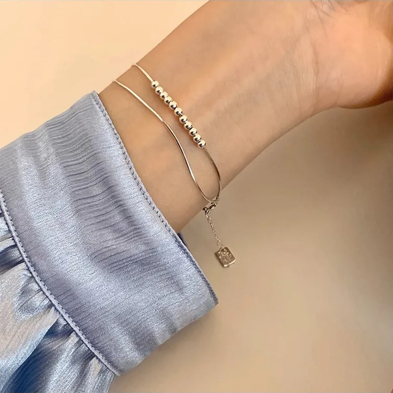 VENTFILLE 925 Sterling Silver Double Layer Bead Korean INS Bracelet For Women Snake Bone Fine Chain Jewelry Gift Dropshipping