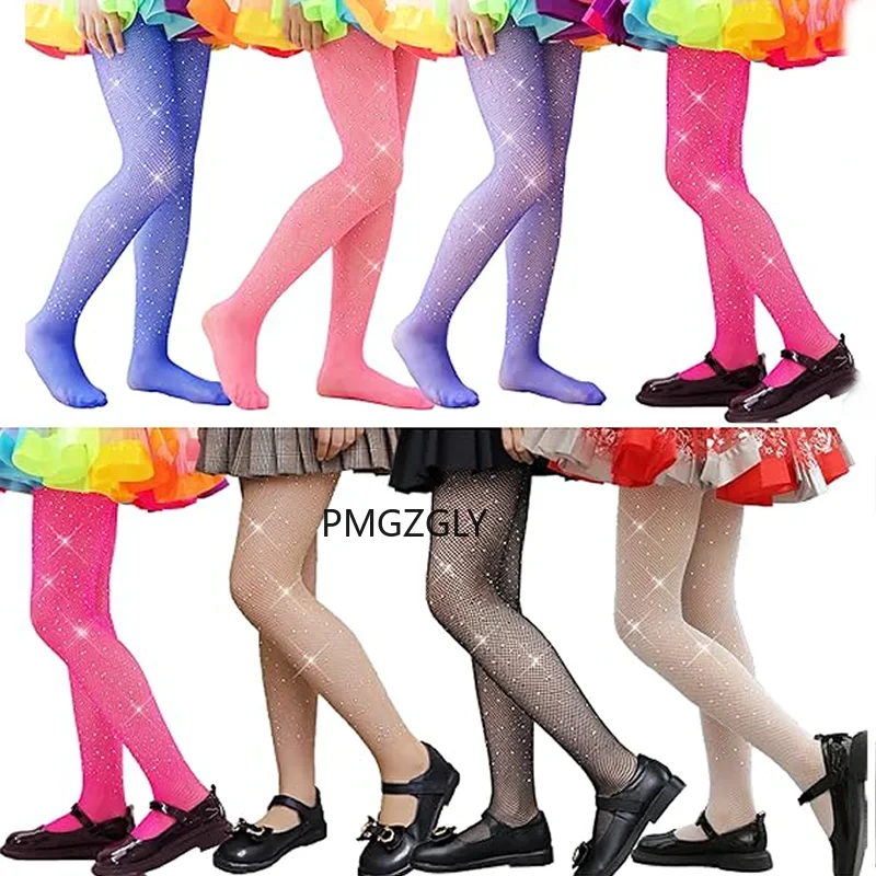 Mesh Nylon Stockings Tights Girls Fishnet Diamond Pantyhose Kids Shiny Net Tights Female Rhinestone Mesh Nylon Stockings Tights
